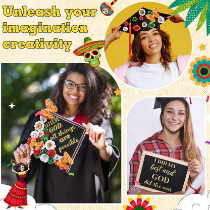 Feifeiya 44 Pcs DIY Graduation Cap Decoration Tool Kit Grad Cap Topper Faux Paper Flower Head Quote Glitter Sticker 3D Butterfly Pearl Rhinestone Sticker for Graduation Hat Decor(Red)