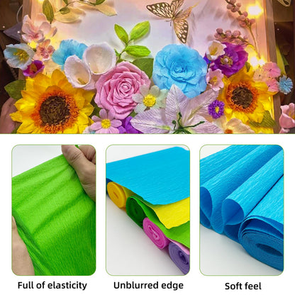 57pcs 6 Rolls Crepe Paper DIY Flower Making Kit, Size 10" x 98" Craft Streamers Include Floral Tape & Stem Wire for Wedding, Party, Festival Decorations for Gift Wrapping & Paper Flowers