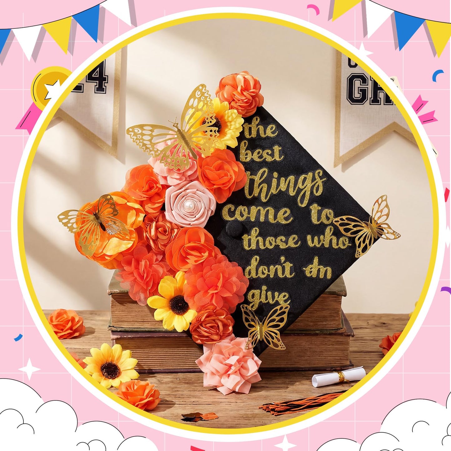 Feifeiya 36 Pcs DIY 2026 Graduation Cap Decorations Accessory Kit Include Faux Flower Heads Graduation Quotes Glitter Stickers 3D Butterfly for Grad Cap Topper DIY Gift(Orange,Excitation)