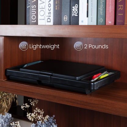 Loddie Doddie Foldable Lap Desk - 9.75 x 12 in, Black, Plastic - Accessory Trays & Storage Pocket for Lap Desk with Storage - Kids Travel Tray for Car Seat - Foldable Laptop Table for Small Spaces