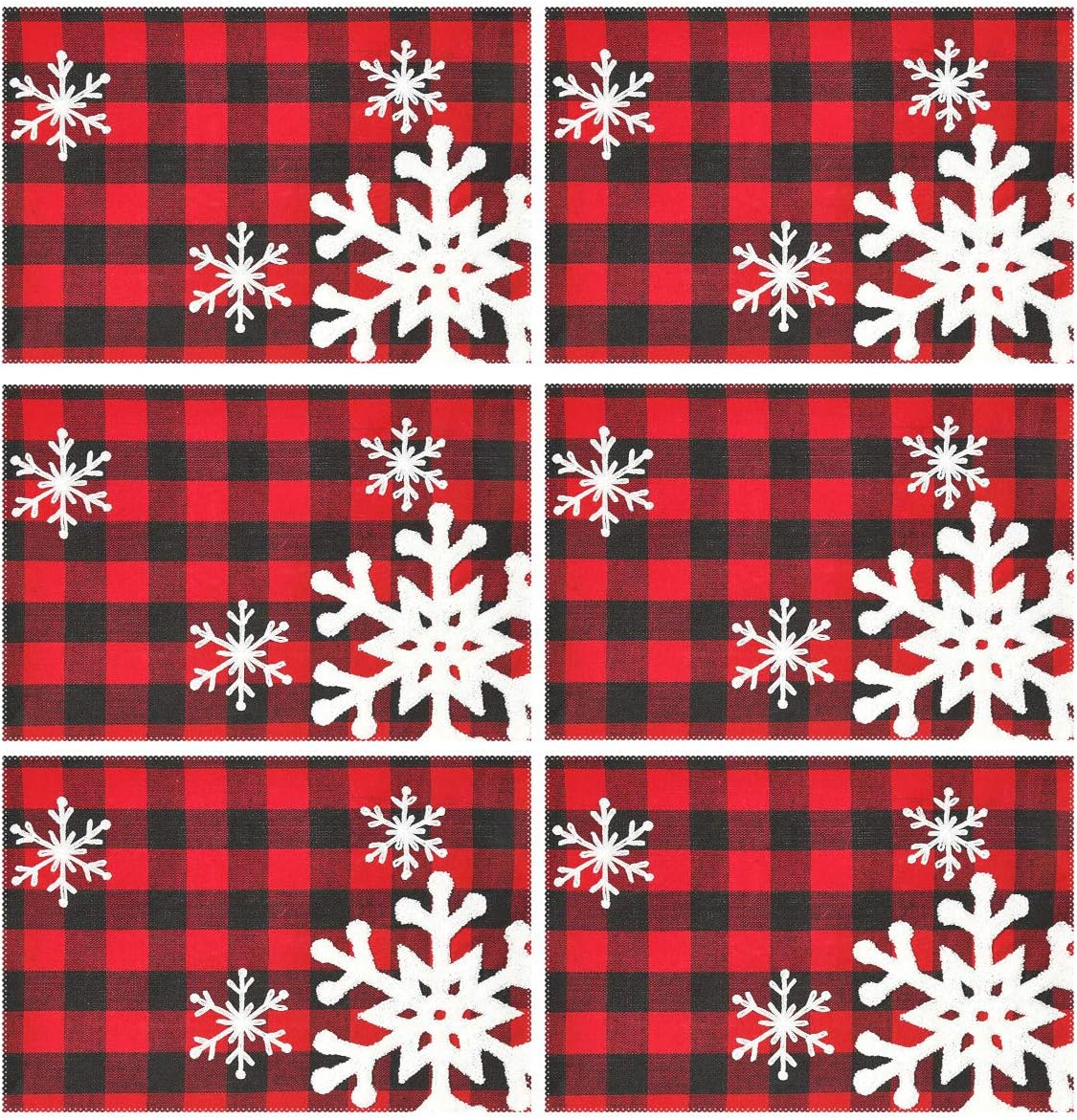 Christmas Red Plaid Snowflake Placemats, Set of 6, Heat-Resistant, Washable Table Mats for Kitchen Dining Decoration