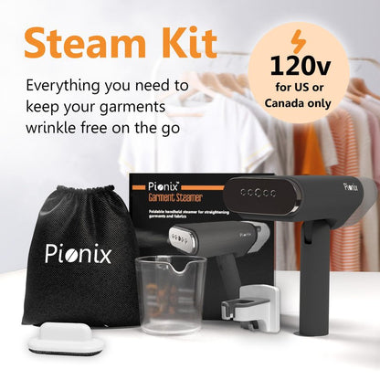 Pionix Handheld Garment Steamer - Foldable Handheld Steamer Clothes, 2-in-1 Horizontal & Vertical Fabric Steamer, Portable Hand Held Steamers for Clothes, 1000W Steam Press for Home & Travel - black