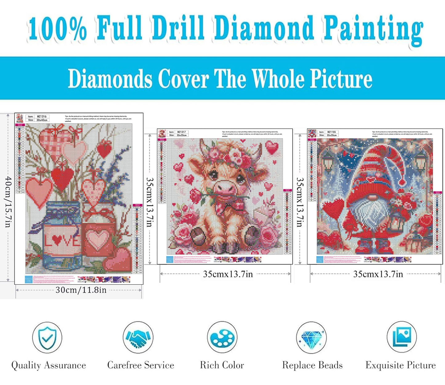 3 Pack Diamond Art Kits for Adults, Valentine's Day Diamond Painting Kits for Adults, 5D DIY Gem Art Paint With Diamonds Dots Crafts Kits for Home Decor Gift 12x16in/14x14in (Gnomes Cow and Flowers)
