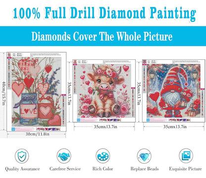 3 Pack Diamond Art Kits for Adults, Valentine's Day Diamond Painting Kits for Adults, 5D DIY Gem Art Paint With Diamonds Dots Crafts Kits for Home Decor Gift 12x16in/14x14in (Gnomes Cow and Flowers)