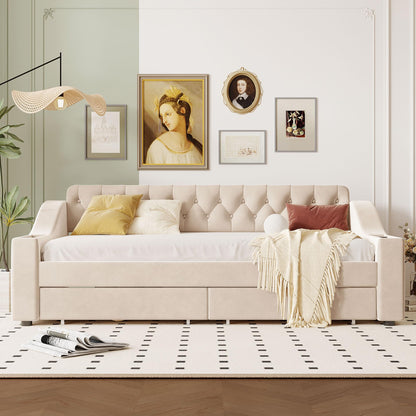Brisca Twin Size Upholstered Daybed with Storage Armrests and USB Port,Bed Frame W/ 2 Drawers & Wood Slats Support,for Bedroom,Apartment,Guest Room,Beige