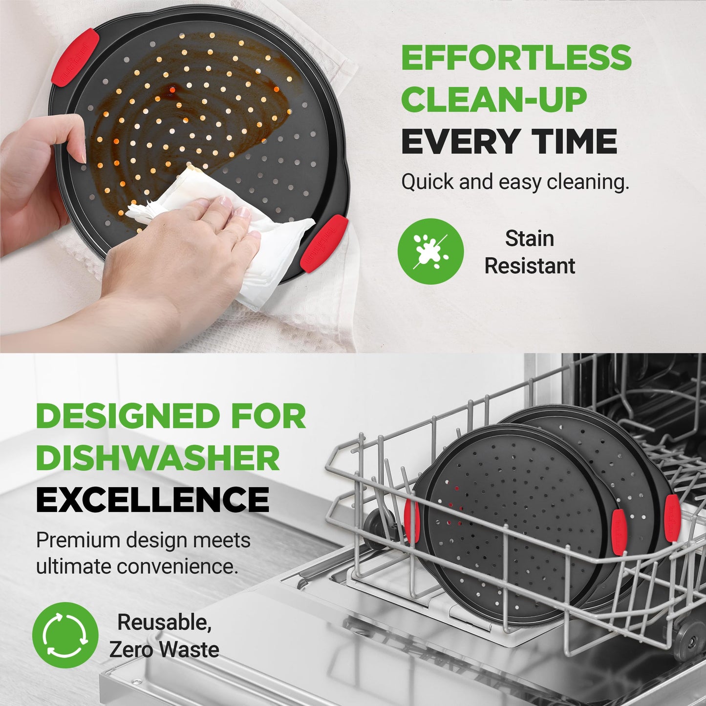 NutriChef 2-Piece 13-Inch Nonstick Pizza Tray, Round Carbon Steel Non-Stick Pizza Pan with Perforated Holes, Premium Bakeware Pizza Screen with Silicone Grip Handles, Dishwasher Safe, NCBPIZX2