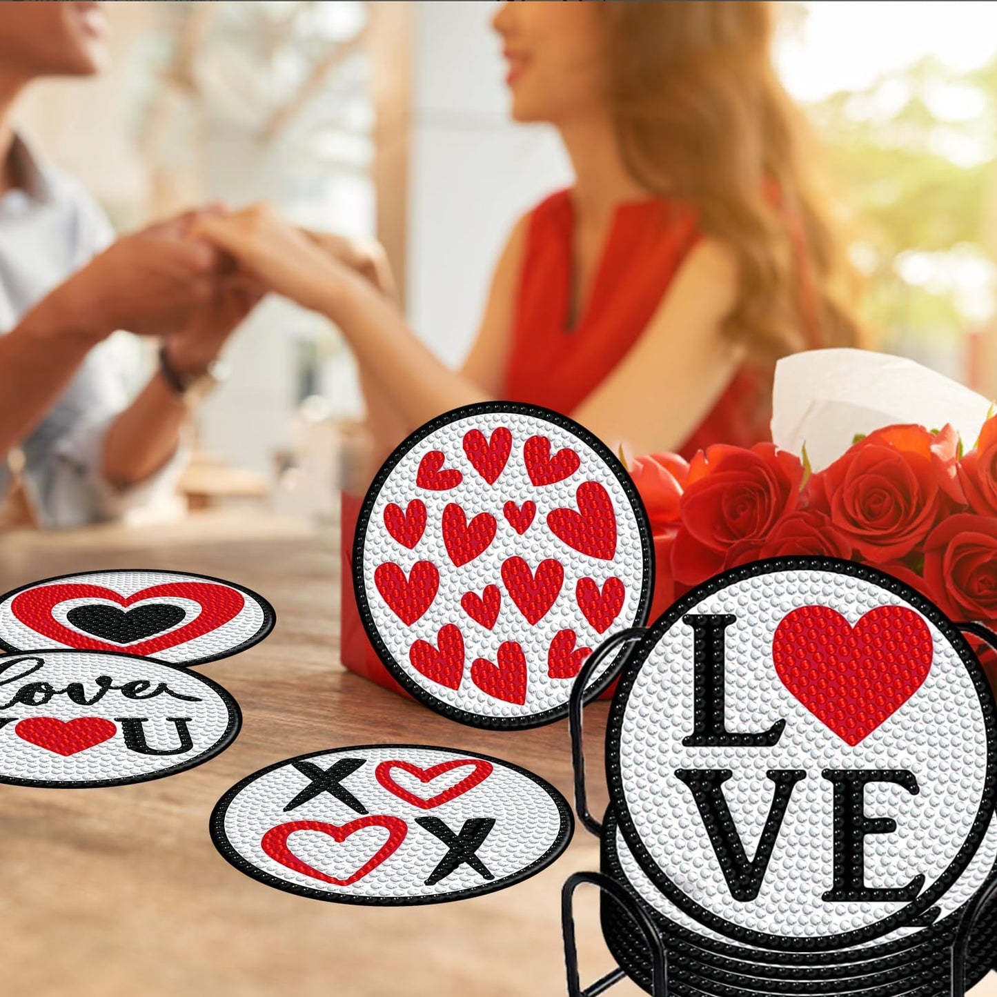 Denylo pro 8 Pcs Valentines Day Diamond Art Painting Coasters Kits with Holder DIY Art Coaster Non Slip Coaster for Adults Xmas Holiday Diamond Painting Kits Supplies for Valentines Day Gift