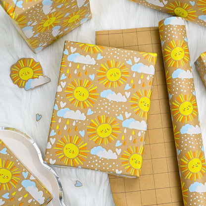MAYPLUSS Kraft Baby Shower Wrapping Paper, Recyclable Sunshine, Cloud & Heart Design Baby Gift Wrap Paper for Children Birthday, Party, Holiday, Cute Wrapping Paper Mini Roll (17 Inch X 33 Feet)