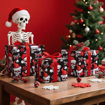 WRAPAHOLIC Skull Christmas Wrapping Paper - Mini Roll - 17 Inch x 16.5 Feet - Holly and Santa Hat Skull Wrapping Paper for Christmas, Halloween, Holiday, Party Celebration