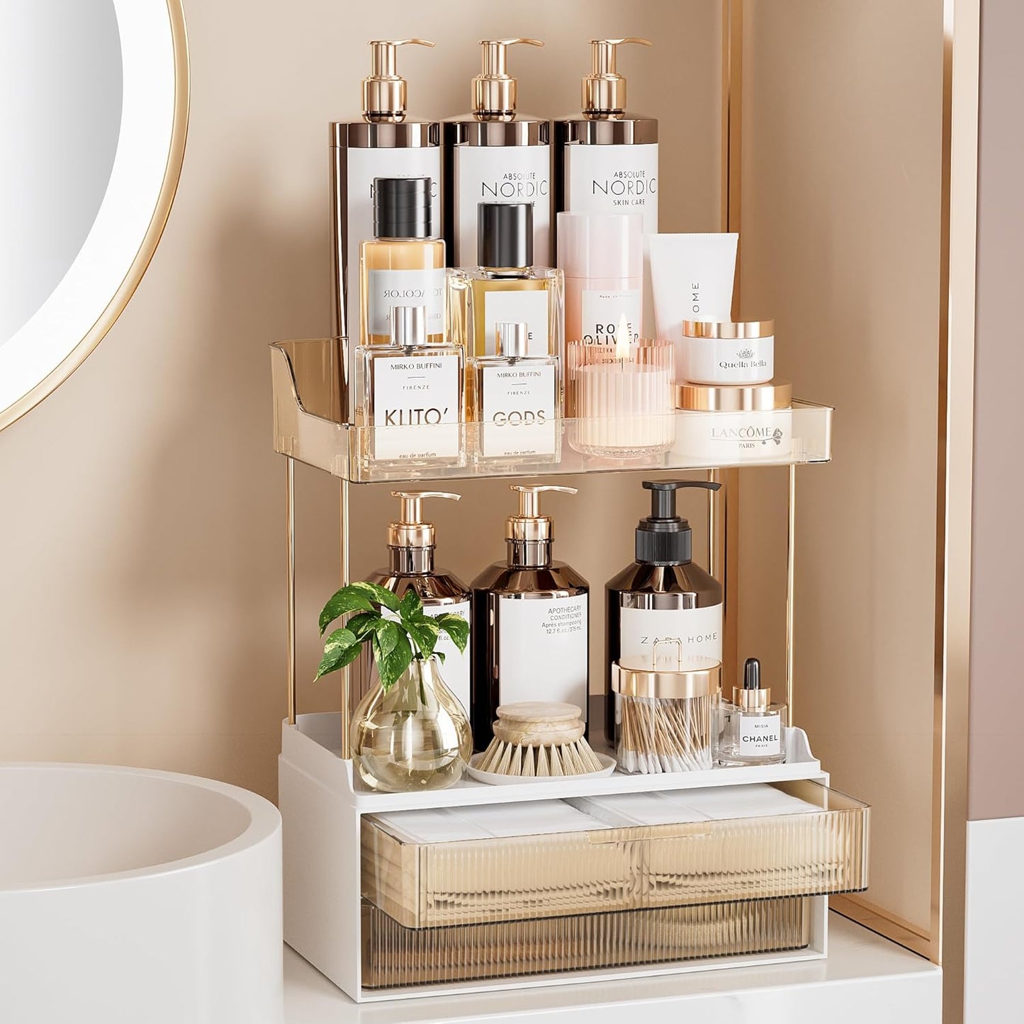 Delamu 2-Tier 2-Drawer Bathroom Counter Organizer, Multi-Purpose Makeup Organizer, Large Skincare Organizer, Amber