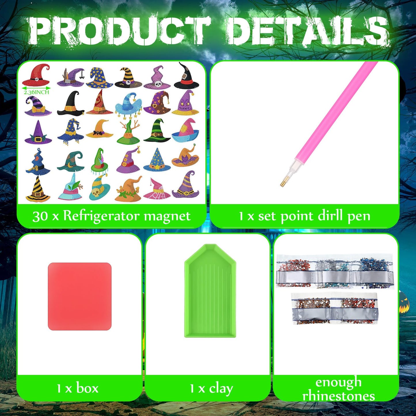 Motipuns 30 Pcs Halloween Diamond Painting Magnets Kits Glow in The Dark Witch Hat Diamond Art Fridge Magnet Refrigerator Sticker for Beginners Kid Adults Home Decors DIY Art Craft Gifts