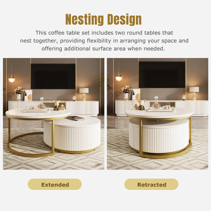 Merax Round Nesting Coffee Table Set of 2 with Storage Drawer and Marbling Tabletop, Perfect for Living Room Apartment, White