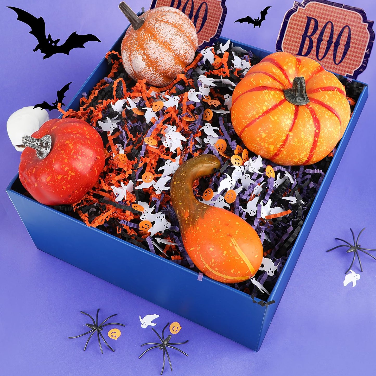 FOIMAS Halloween Crinkle Cut Paper,9.87oz Black Orange Purple Shred Raffia Paper with Pumpkin Ghost Confetti for Trick or Treat Halloween Bakset Gift Packaging Supply