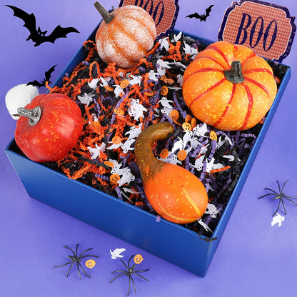FOIMAS Halloween Crinkle Cut Paper,9.87oz Black Orange Purple Shred Raffia Paper with Pumpkin Ghost Confetti for Trick or Treat Halloween Bakset Gift Packaging Supply