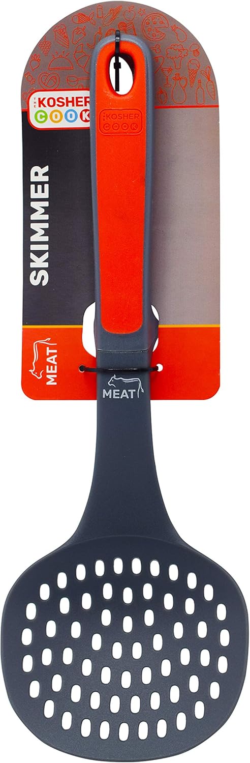 Meat Red Slotted Skimmer Spoon - Non Stick Silicone Strainer for Soups, Stews, Gravy, Comfortable Handle