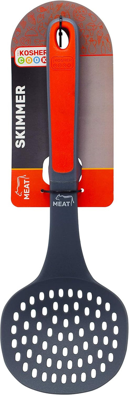 Meat Red Slotted Skimmer Spoon - Non Stick Silicone Strainer for Soups, Stews, Gravy, Comfortable Handle