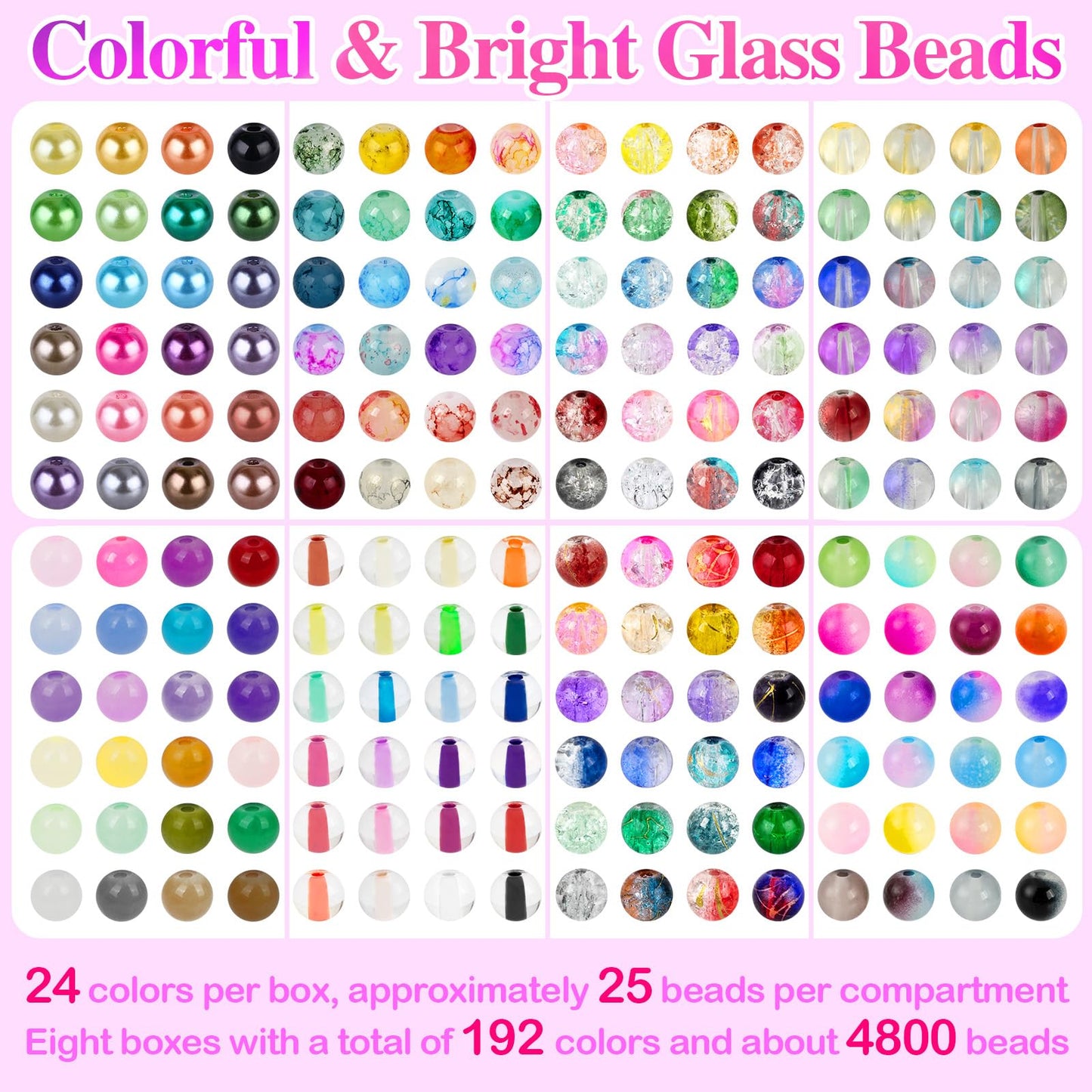 XSEINO 192 Colors 4800pcs 8mm Dream Candy Colorful Series Glass Beads Bracelet Making Kit,8 Box Different Unique Styles Crystal Bead for Making and DIY Crafts