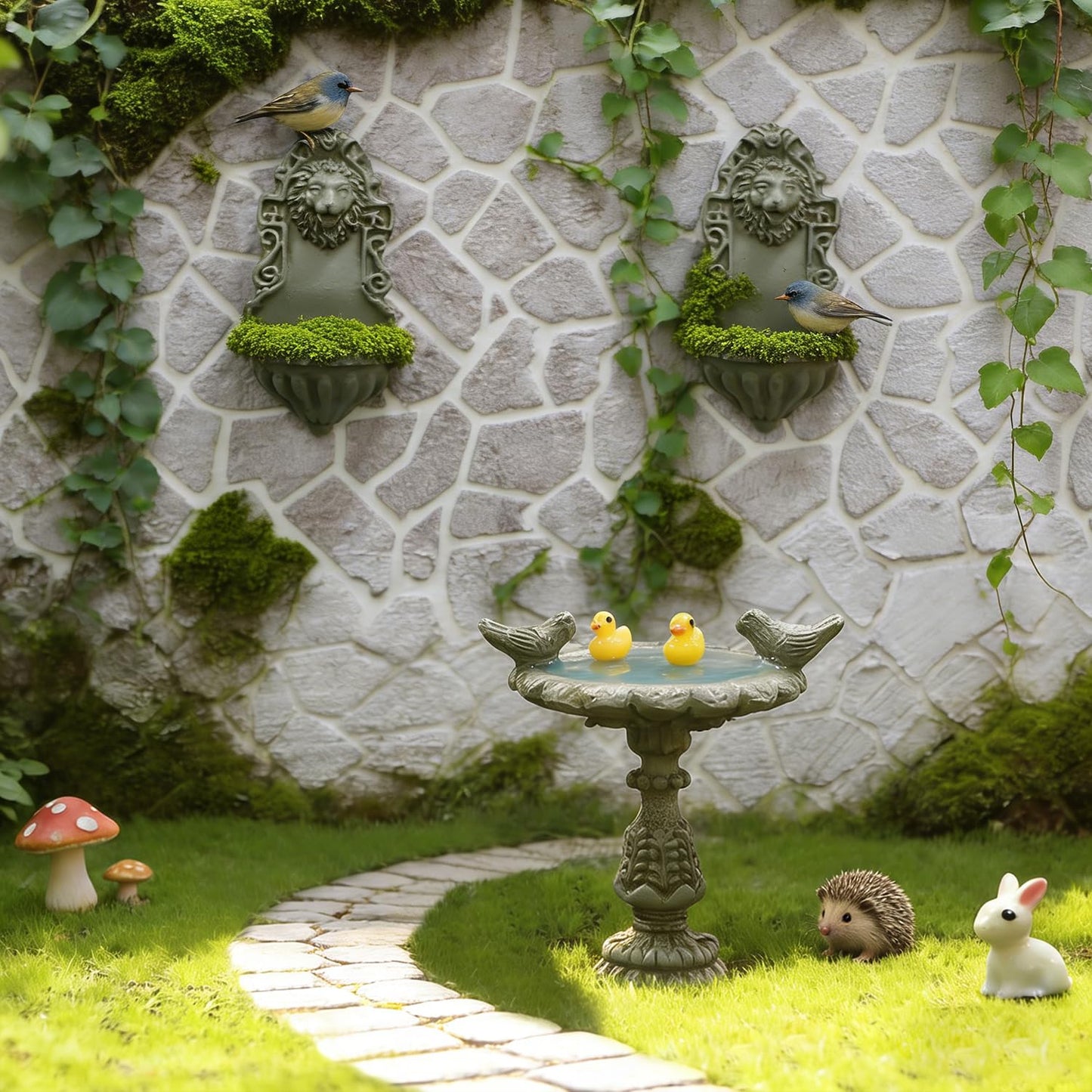 iLAND 1/12 Scale Garden Accessories Outdoor Miniature Birdbath Fountain & 2 Lion Wall Reliefs Mini Ornaments for Garden Dollhouse Décor Dollhouse Accessories