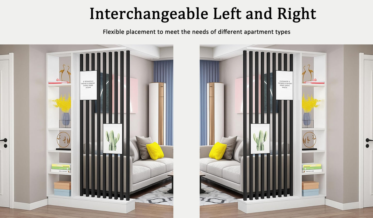 Wall Room Divider with Storage Shelves, Modern Freestanding Room Divider Screen, Open Room Wood Partition for Home & Office Decor (Grey + Black, 39.5" L x 9.5" W x 79.5" H)
