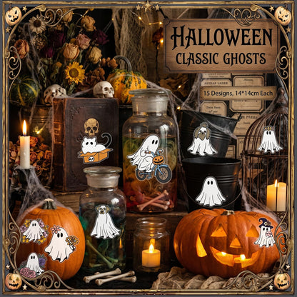 Harloon 15 Sheets Halloween Classical Ghost Rub on Transfers for Crafts Furniture Wood Ornaments Ghost and Cat Dog Stickers Rub on Decals for Halloween Scrapbook DIY Wood Fabric Journal Envelope
