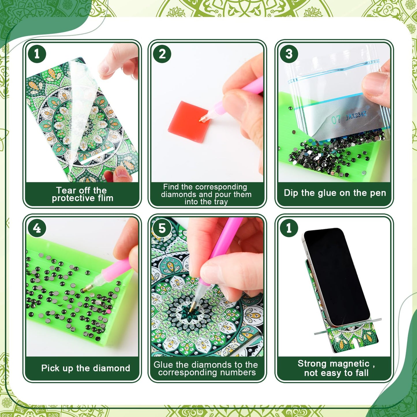 Saillong 6 Pcs Sage Green Mandala Diamond Painting Cell Phone Stand DIY Full Drill Crystal Diamond Art Phone Holder Bling Painting Art Craft Kits for Beginner Adult