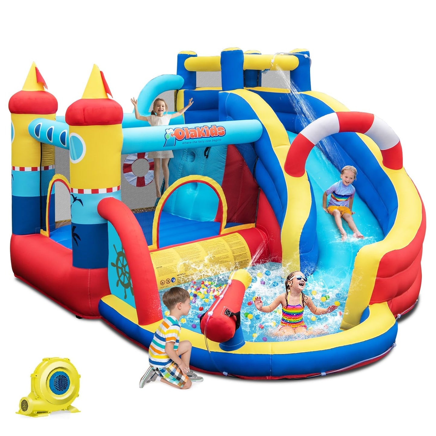 OLAKIDS Inflatable Water Slides, Nautical Themed Bouncy House with Slide, Splash Pool, Climbing Wall, Water Gun, Outdoor Jumping Castle with Hose, Carry Bag, Repairing Kit, Stakes