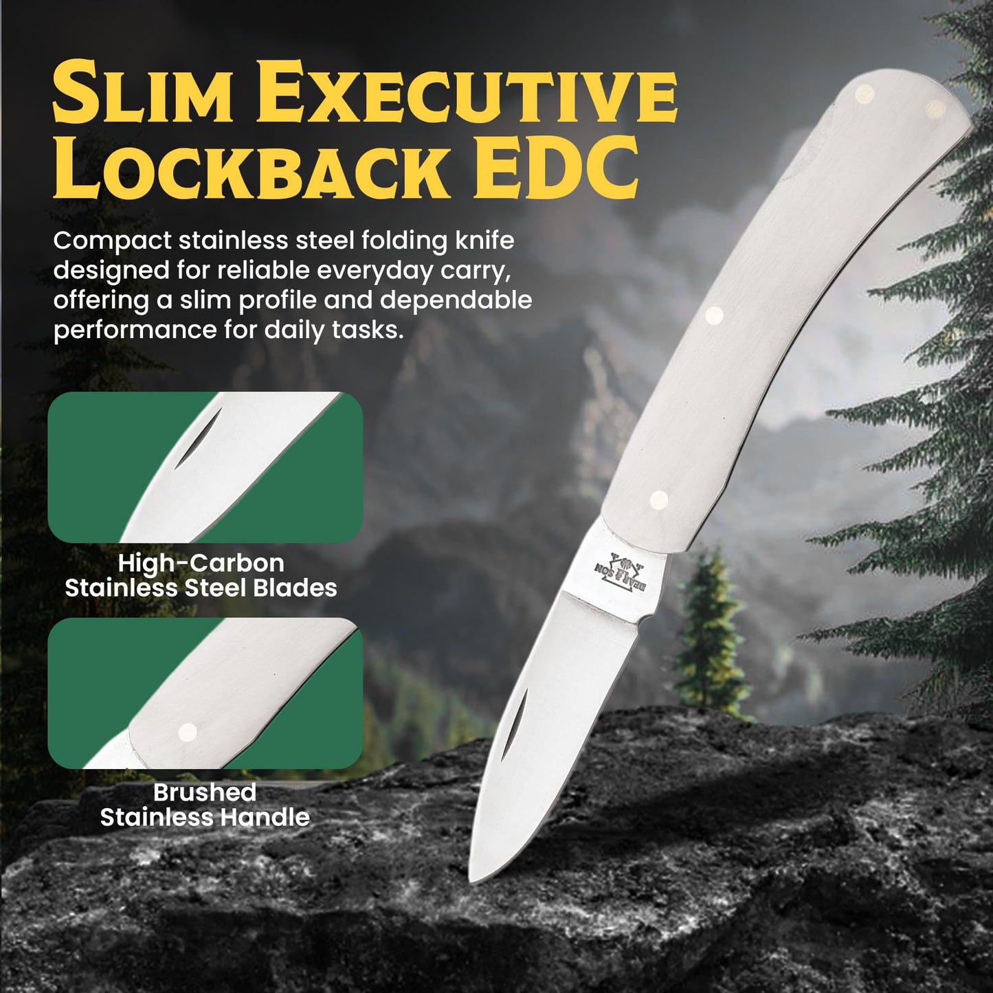BEAR & SON 125 Executive Lockback Pocket Knife – Small Traditional Stainless Steel Folding EDC w/Brushed Handle, High Carbon Stainless Drop Point Plain Edge Blade, Manual Nail Nick Opening, USA Made