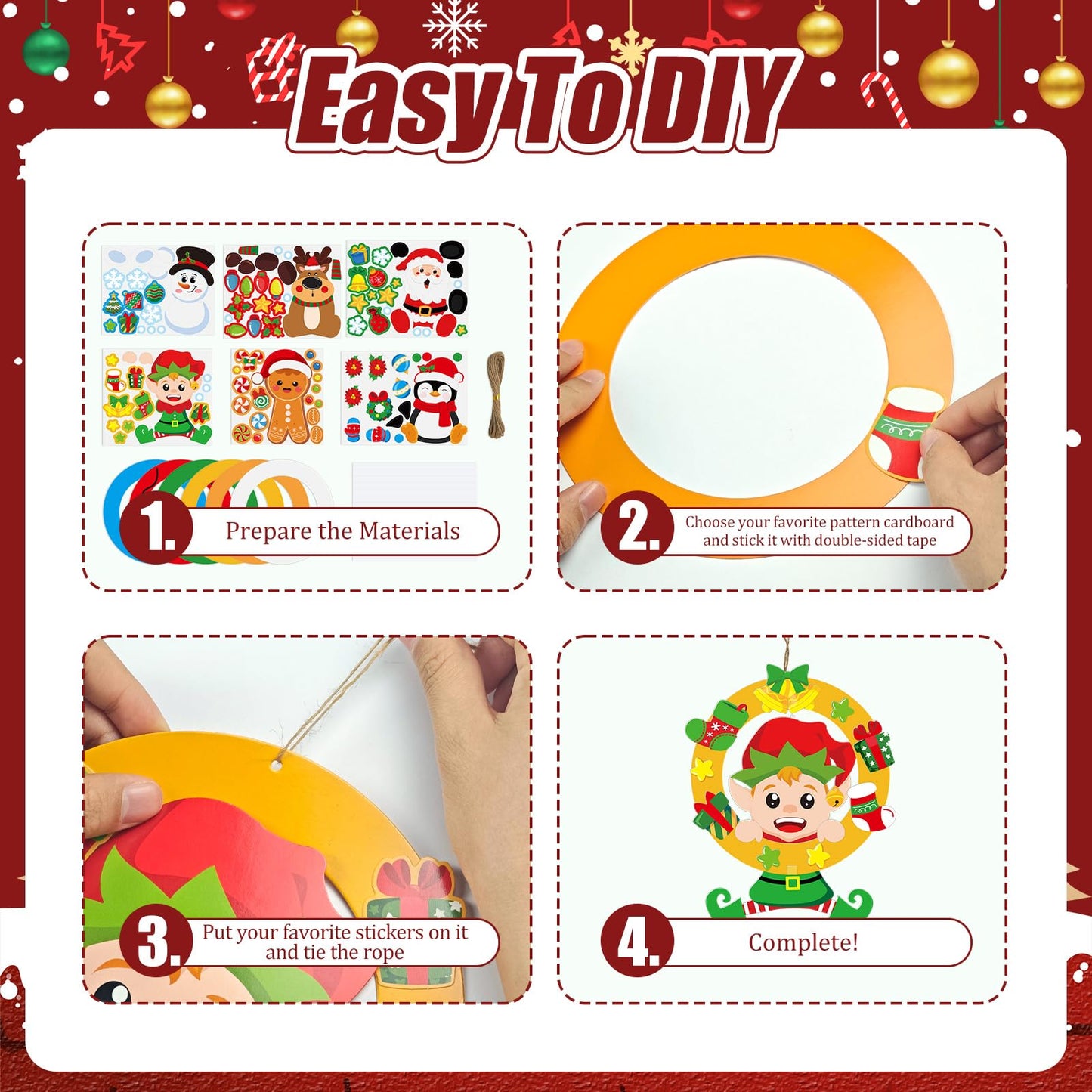 Cinrobiye 24 Set Christmas Wreath Craft Kits DIY Winter Hanging Wreath Ornament Decorations Kit Xmas Snowmen Snowflake Santa Claus Crafts for Holiday Christmas Home Classroom Party Activities Project