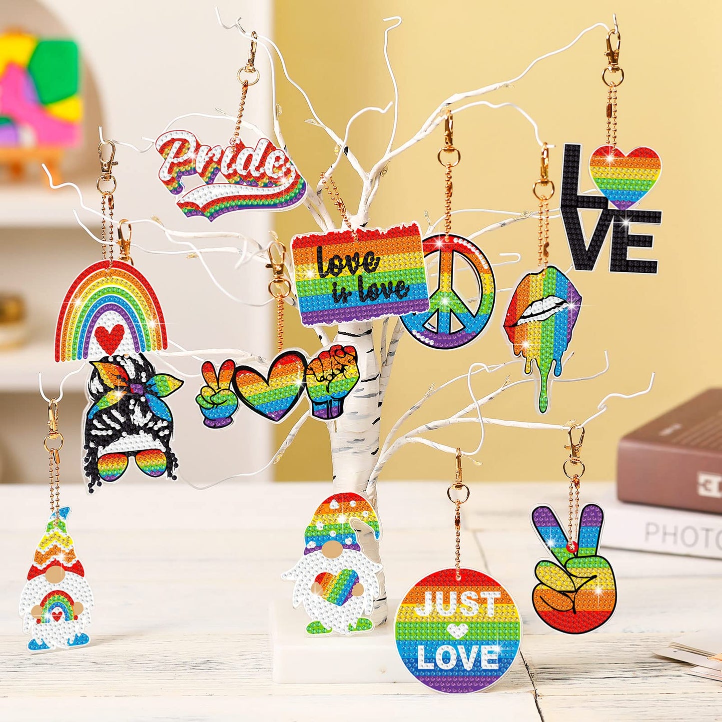 Estune 15 Pcs Rainbow Festival Diamond Keychain Fall 5d Diamond Painting Keychain Fall Diamond Art Keychain Pendant Colorful Keyring DIY Diamond Jewelry Decor (Rainbow Festival Style)