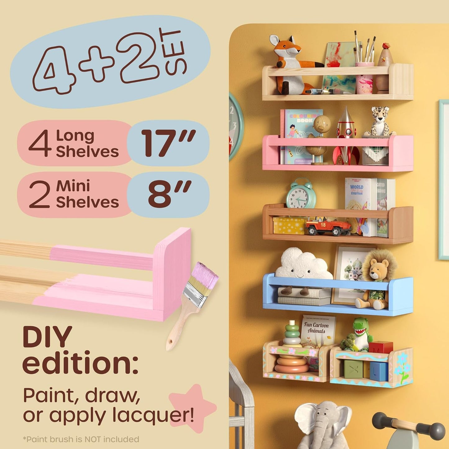 4 2 HOMEY PANDA DIY Wall-Mounted Nursery Bookshelves - Long + Mini Shelves, Kids Room Storage (DIY Paint Pine Wood)