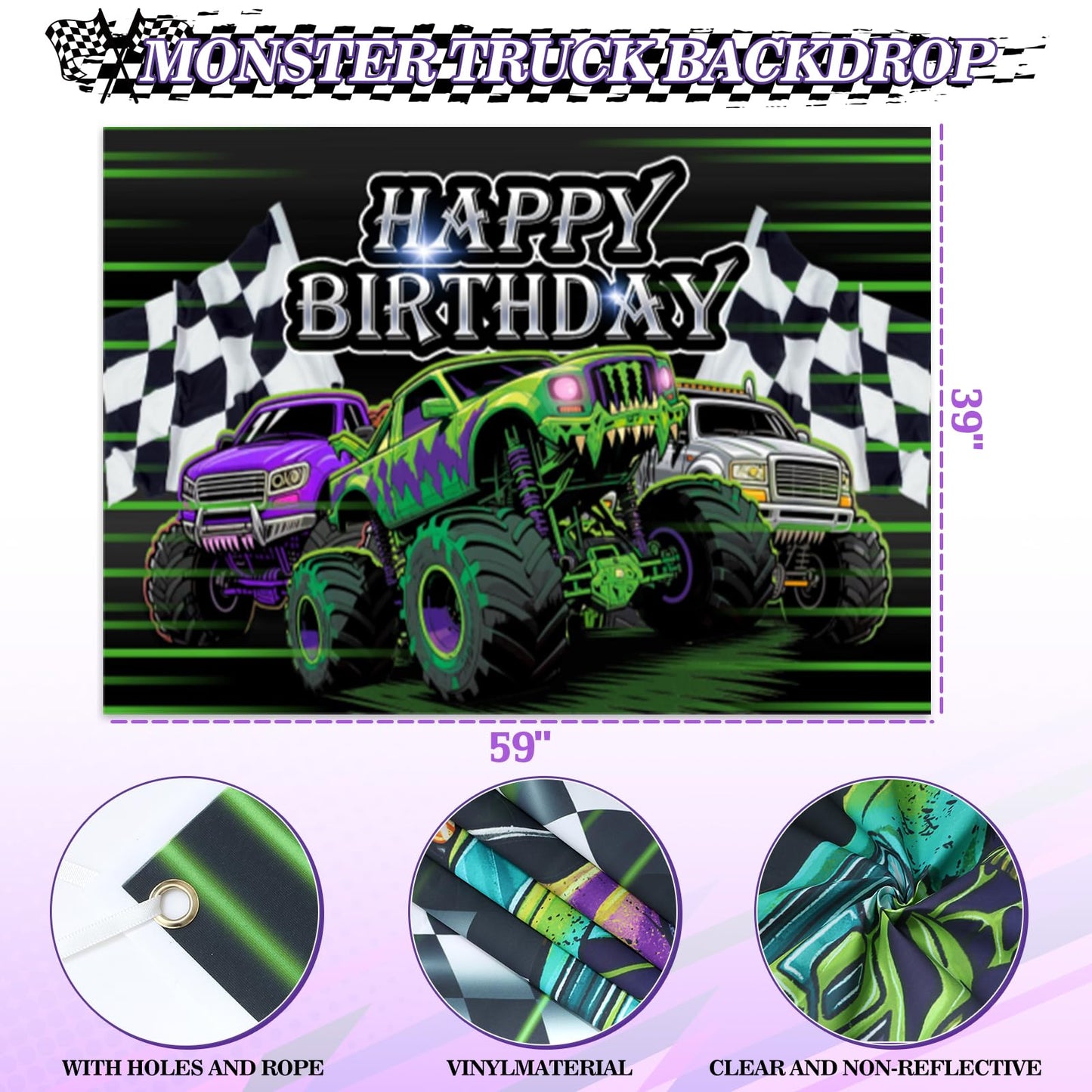 130Pcs Monster Truck Birthday Decorations for Boys Truck Theme Balloon Garland Arch Kit with Backdrop Triangle Banner Black Green Purple Wheel Foil Balloon Kids Monster Truck Party Decor Supplies