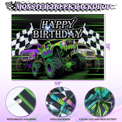 130Pcs Monster Truck Birthday Decorations for Boys Truck Theme Balloon Garland Arch Kit with Backdrop Triangle Banner Black Green Purple Wheel Foil Balloon Kids Monster Truck Party Decor Supplies