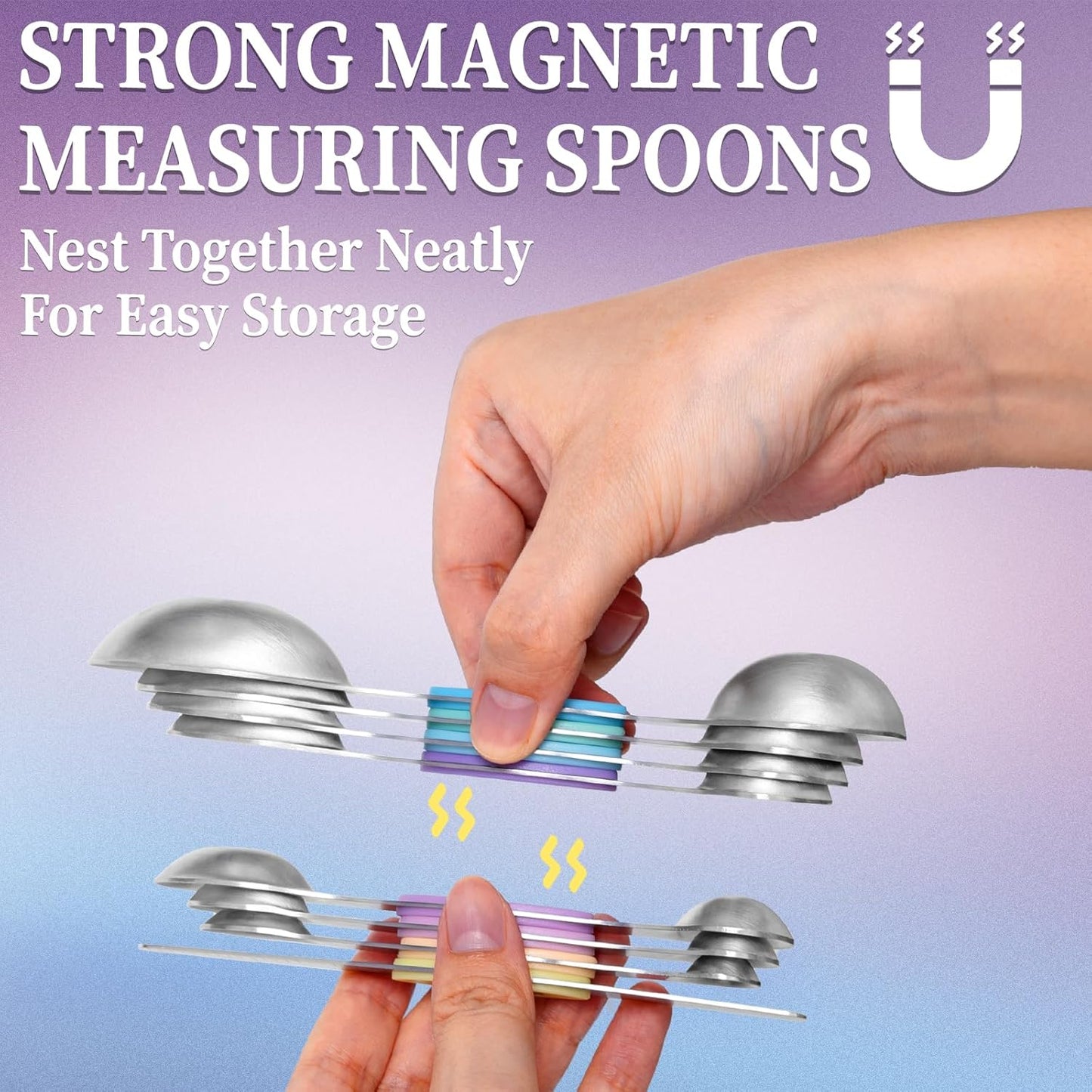 Magnetic Measuring Spoons Set of 8, Stainless Steel Dual Sided for Dry and Liquid Ingredients
