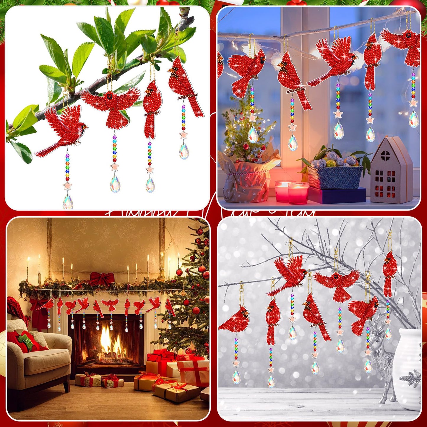 Tradder 6 Pcs Diamond Art Kit for Adults Cardinal Birds Diamond Art Ornament Suncatcher Double Sided Cardinal Bird Wind Chimes with Crystal Pendant 5D for Home Garden Hanging Ornaments
