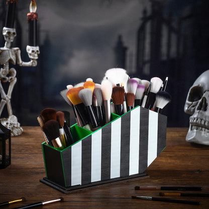 Beeveer Coffin Makeup Brush Holder Black Striped Gothic Makeup Brush Holder Wooden Organizer Gifts for Women Cosmetic Display Cases Spooky Pencil Brushes Organizer Bathroom Accessories