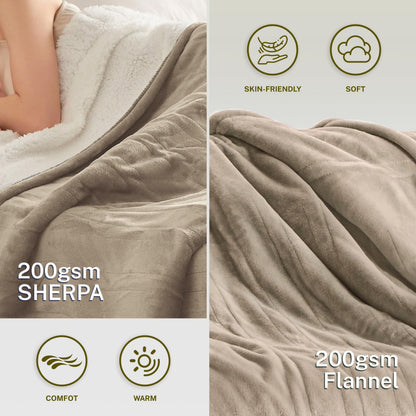 Heat Blanket 50”x60” Throw,Soft Flannel & Sherpa Reversible Electric Blanket with 10 Heat Settings,12 Timer Setting and 3 Hours Auto-Shut Off,ETL Certified Machine Washable,Light Brown