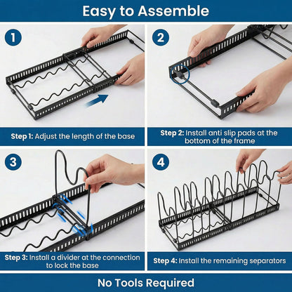 Expandable Pot Rack Organizer for Cabinet, Wave Slot Carbon Steel Pot & Pan Holder with 10 Adjustable Slots, Heavy Duty Cookware Storage for Pans, Lids, Bakeware, Countertop or Under Sink, Black