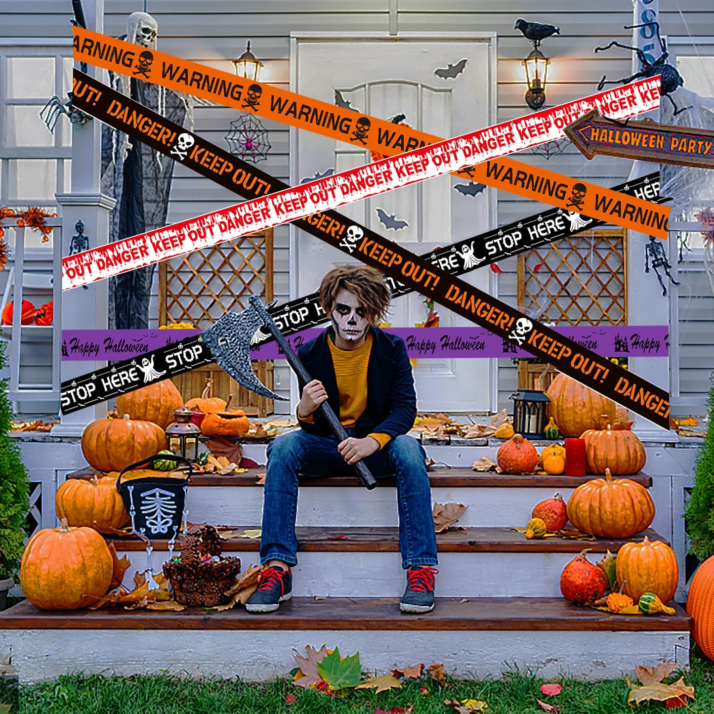 OZIO 5 Rolls Halloween Decorations Caution Tape, 100 ft Reusable Glue-Free Warning Tape, Creepy Scary Decoration Fright Tape Spooky Party Haunted House Props for Haunted Houses, Vampire Parties