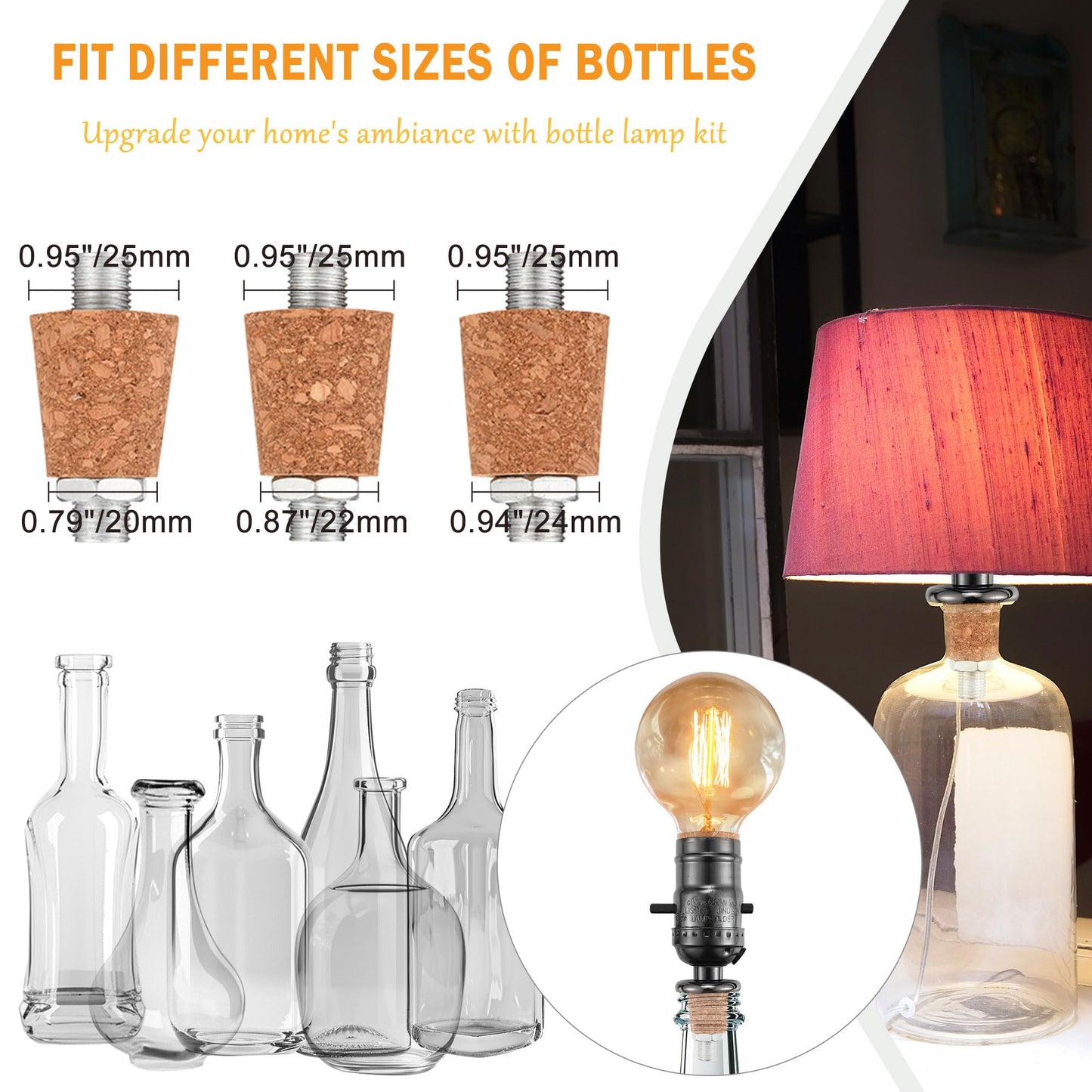 ACBungji 2 Sets Bottle Lamp Kit for Liquor Bottle, DIY Wine Bottle Lamp Kit To Do It Yourself, Lamp Parts Kit Including 8 FT Lamp Cord with Lamp Socket, 3 Size Tapper Cork, 9mm Glass Drill Bit and Lid