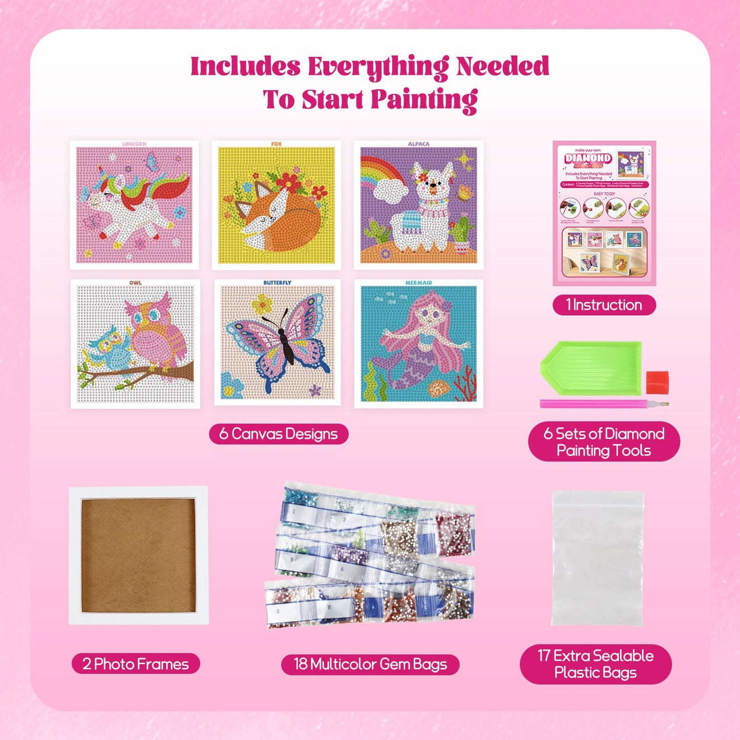 goldentime Diamond Painting Kits for Kids - 6 Canvases with 2 Frames, 18 Gem Colors, 6 Diamond Painting Tools, Creative Gem Art for Girls Ages 6-8-12, Fun Kids Diamond Art & Gem Painting Activity