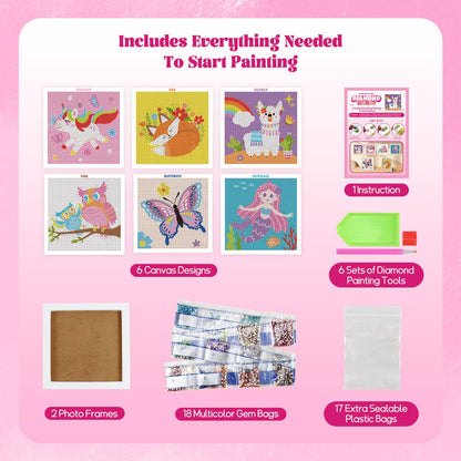 goldentime Diamond Painting Kits for Kids - 6 Canvases with 2 Frames, 18 Gem Colors, 6 Diamond Painting Tools, Creative Gem Art for Girls Ages 6-8-12, Fun Kids Diamond Art & Gem Painting Activity
