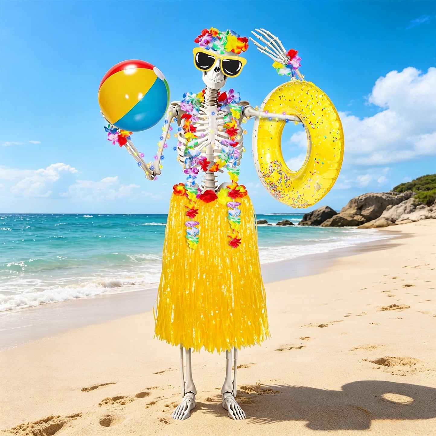 12 ft Summer Skeleton Outfits Accessories, 10 Pcs Hawaiian Hula Giant Skull Grass Skirt Costume Clothing Kit with Sunglasses Swim Rings & Beach Balls for Outdoor Yard Lawn Summerween Luau Decorations
