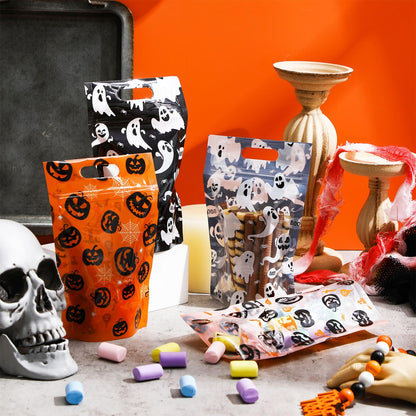 Gersoniel 100 Pcs Plastic Halloween Treat Bags with Handles Treat or Trick Halloween Goodie Gift Bag Resealable Pumpkin Ghost Candy Cellophane Zipper Bags for Gift Wrapping Supplies
