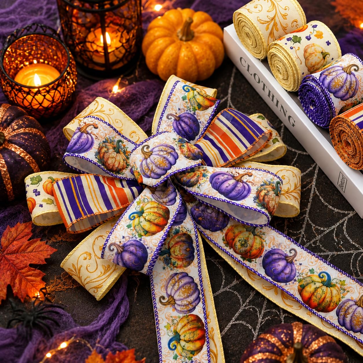 2 Inch Halloween Wired Edge Ribbon, 4 Rolls 20 Yards Fall Pumpkin Spider Web Stripe Craft Ribbon for Wreaths Bows Gift Wrapping, Halloween Party Home Decor