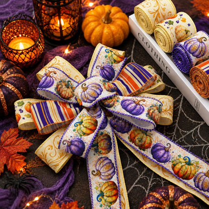 2 Inch Halloween Wired Edge Ribbon, 4 Rolls 20 Yards Fall Pumpkin Spider Web Stripe Craft Ribbon for Wreaths Bows Gift Wrapping, Halloween Party Home Decor