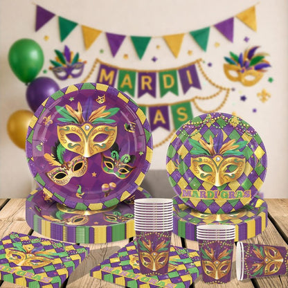 Arosche Mardi Gras Decorations Party Supplies Set for 24-Disposable Paper Plates and Napkins, Cups, New Orleans Masquerade Beads Holiday Tableware Party Decorations for Fat Tuesday Party Table Decor