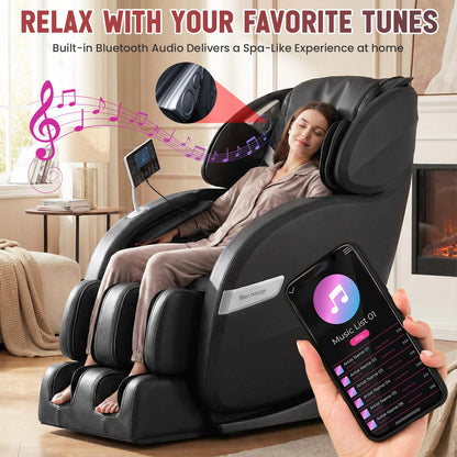 BestMassage Zero Gravity Recliner Chair, Full Body Heated Massage SL Extra Long Track Roller Chair with Bluetooth Connectivity 6 Manual Modes and 12 Automatic Modes (Black)