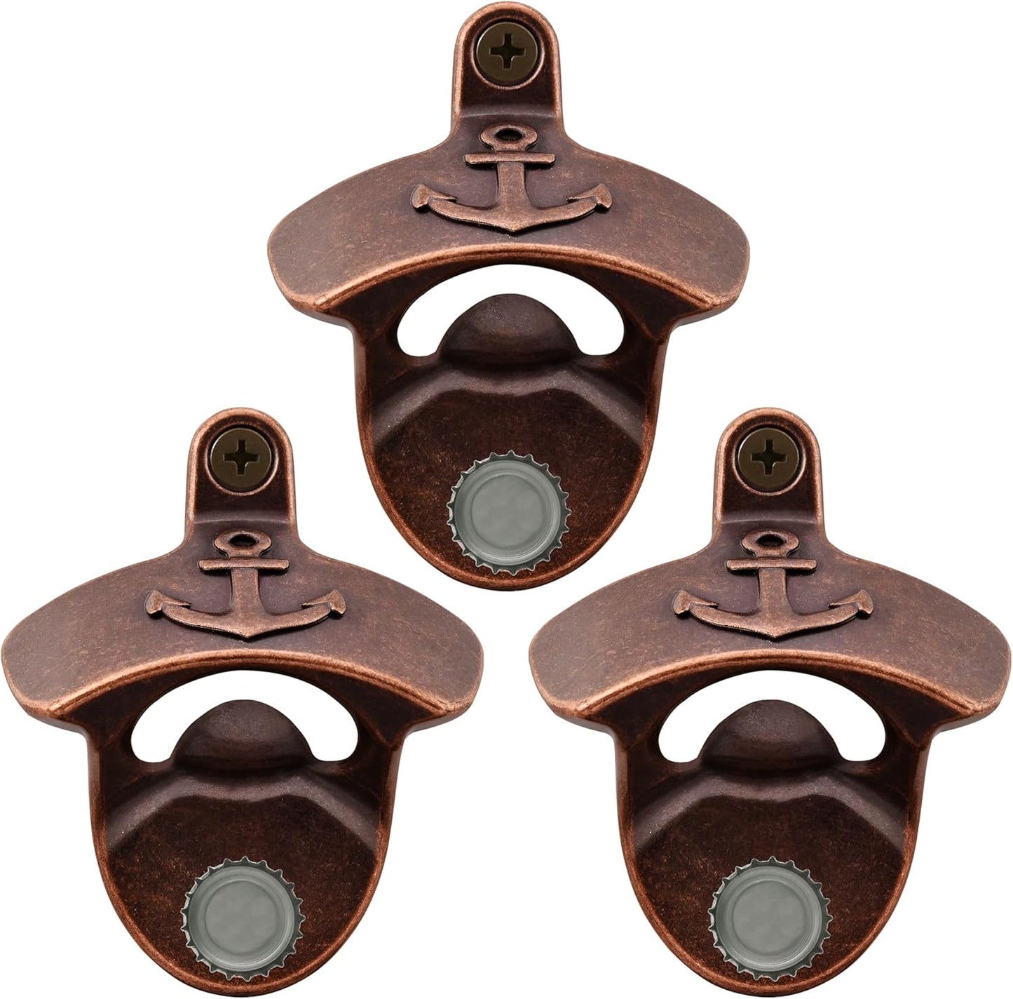 Nautical Wall Mounted Bottle Opener with Magnets, Antique Copper Magnetic Anchor Beer Cap Opener (Pack of 3)