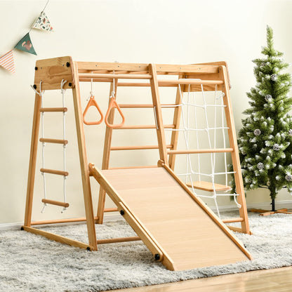 Indoor Playground 8-in-1 Jungle Gym Toddler Climbing Toys with Slides and Play Table Wooden Rock Climbing Ladder with Rope Wall Swing Rings Kids Slides Playset Natural Wood As Shown One Size