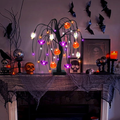 Halloween Table Decorations 18 Inch 36 LED Halloween Willow Tree with Pumpkin Bat Ghost Lights, Timer/USB/Battery Operated Black Halloween Tree Spooky Halloween Decorations Indoor Home Party Room Gift